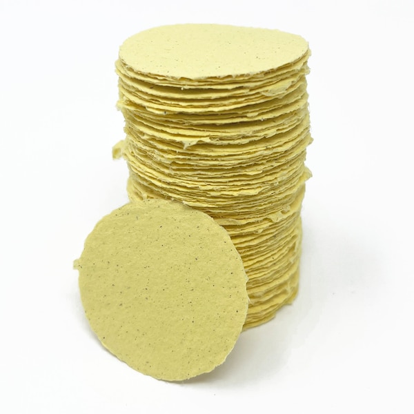 50 Yellow 1.5 inch circles, handmade recycled papers, deckle edge