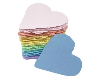 3 Inch hearts, handmade paper, assorted pastel colors, deckle edge, recycled