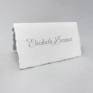 Printed cotton paper place cards with hand torn edges. 3.5x2 Tented name cards or escort cards in a luxurious thick textured cotton rag.