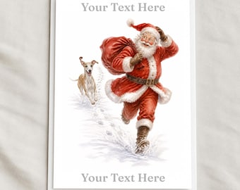 Puede incluir: Una tarjeta de felicitación rectangular con una ilustración en acuarela de Santa Claus corriendo por la nieve con un saco rojo al hombro, seguido de un galgo beige y blanco. El texto Your Text Here aparece arriba y abajo.