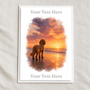 May include: A rectangular print featuring a watercolor-style illustration of a golden-brown dog standing on a beach at sunset. The image includes the text Your Text Here at the top and bottom, set against a white border on a fabric background.