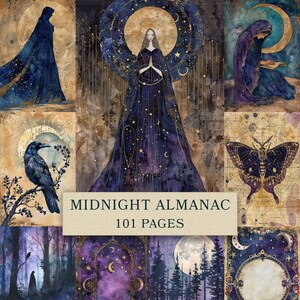 May include: A collage of celestial-themed illustrations featuring a central figure in a dark blue gown, a raven, a moth, and moonlit landscapes. The text MIDNIGHT ALMANAC 101 PAGES is centered on a cream-colored rectangular label overlay.