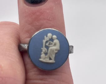 Vintage Wedgwood Jasperware Kamee Ring - Sterling Silber Blau Klassisches Relief (Größe 5.5)