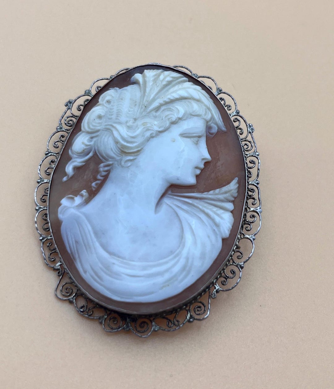 Vintage Shell Cameo Brooch Pendant – Sterling Silver Filigree Frame ...