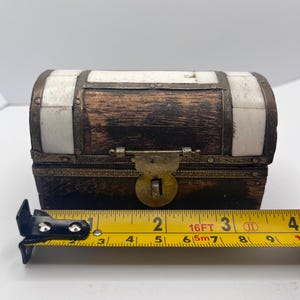May include: A small, rectangular wooden chest with a hinged lid. The chest is dark brown with white accents and metal trim. The chest is approximately 4 inches long.
