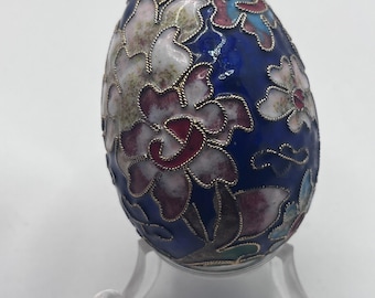 Vintage Cloisonné Egg, Blue Floral Enamel Egg Figurine - Cloisonne Decor