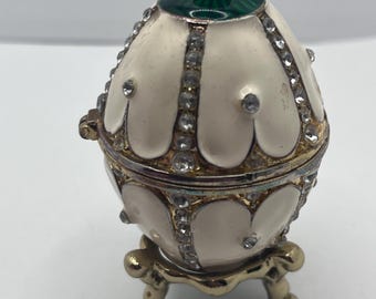 Vintage Fabergé Style Egg Trinket Box – Cream Enamel Rhinestone Jewelry Keepsake