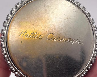 Vintage Rhinestone Compact Mirror – Engraved Hattie Carnegie, Mid-Century Vanity Accessory