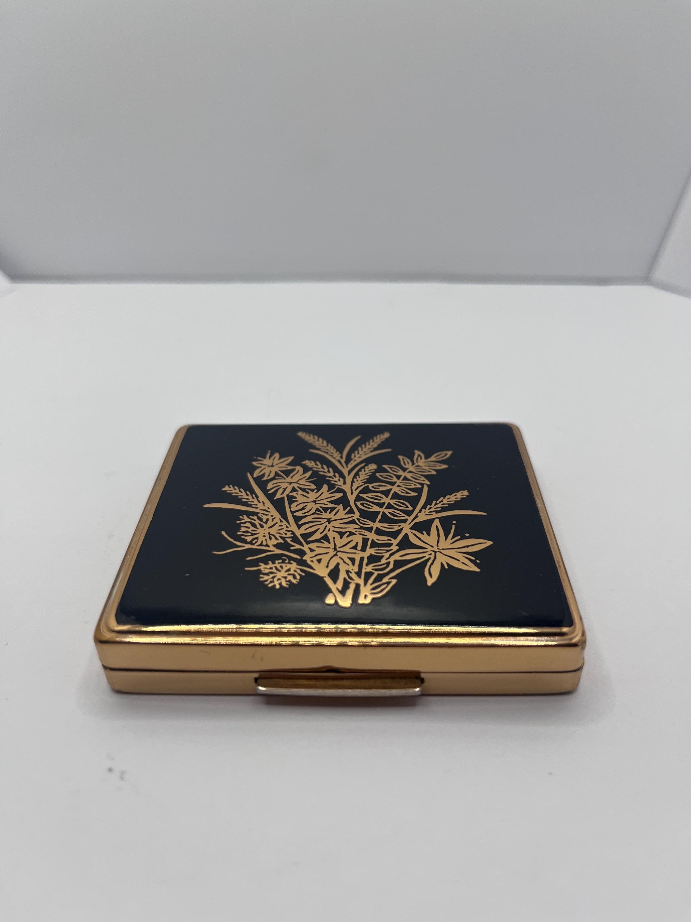 Vintage Stratton Powder Compact - Black Enamel Gold Floral Mid Century Makeup Mirror Stratton England
