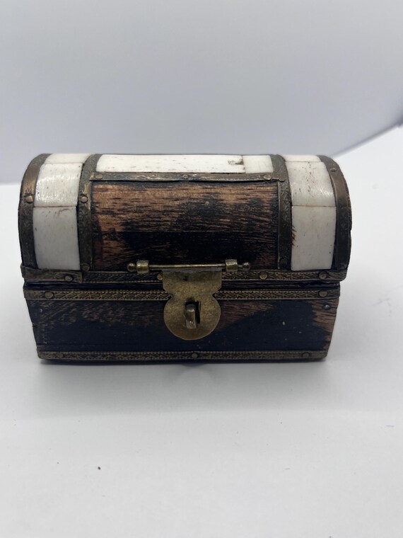 Antique Camel Bone Inlay Wooden Chest - Miniature Domed Trinket Box - Brass Bound Box
