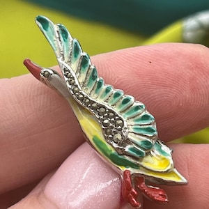 Vintage 1950s Enamel and Marcasite Goose in Flight Brooch