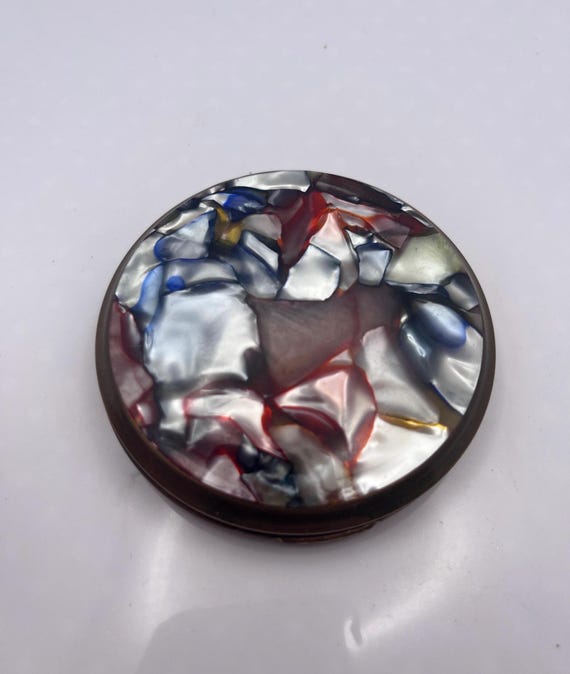 Vintage Kigu Confetti Lucite Powder Compact – Mid Century Gold Tone Mirror England