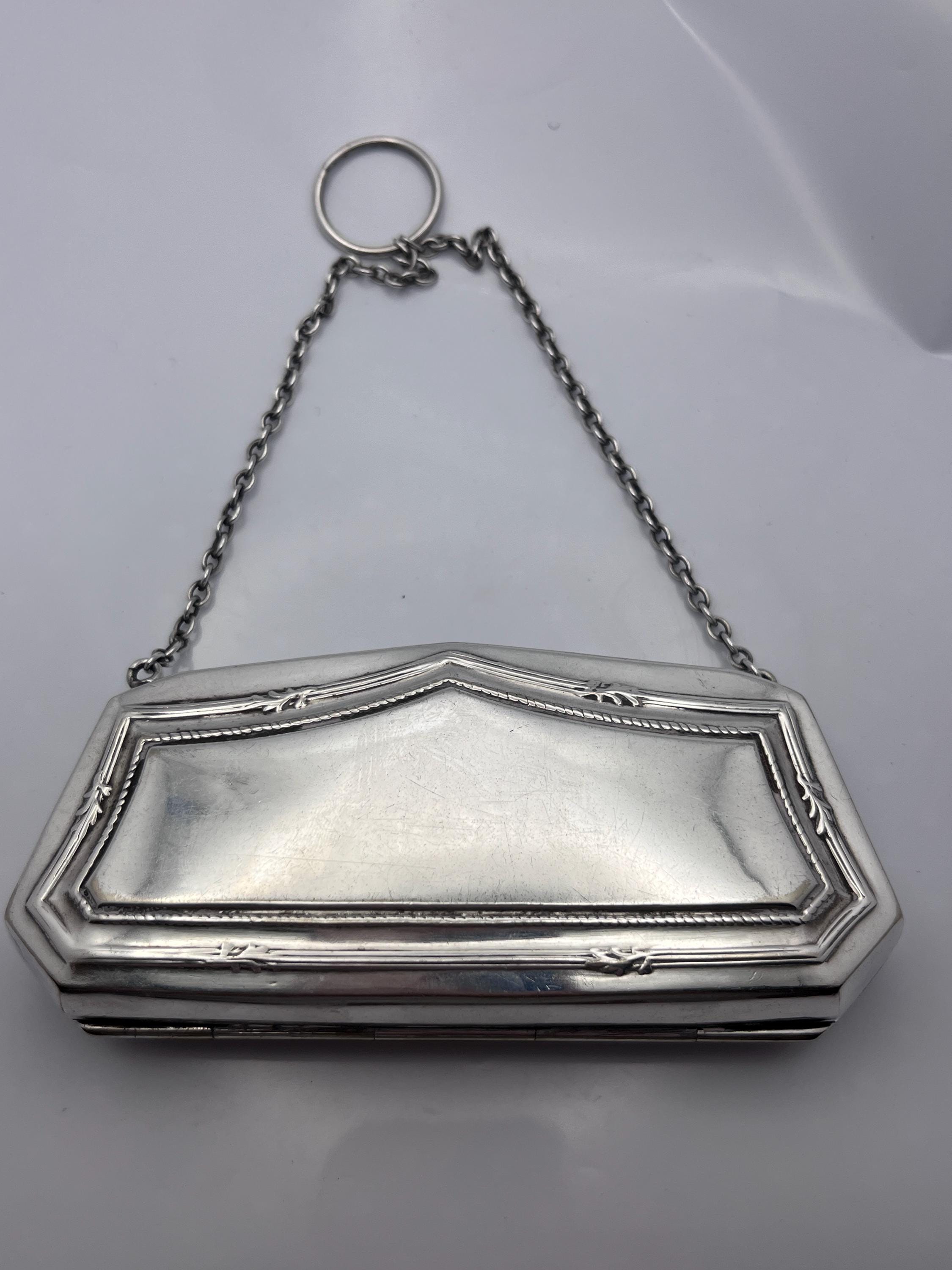 Antique Victorian Art Nouveau Silver EPNS Leather Lining Card Case Purse / Chatelaine