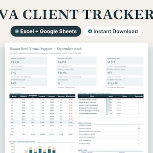 May include: A digital VA Client Tracker spreadsheet template for Excel and Google Sheets. The dashboard displays Rowan Reed Virtual Support data for September 2026, including invoiced amounts, billable hours, profit, and client lists.