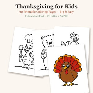 Dibujos para colorear de Acción de Gracias para niños, 30 páginas imprimibles, actividad para el aula con un lindo pavo (descarga en PDF) imagen 1