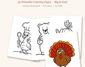 May include: A set of 30 printable colouring pages titled Thanksgiving for Kids, featuring black and white line art of a turkey chef, a bear, and a pumpkin, plus one full-colour turkey illustration. Available in US Letter and A4 PDF formats.