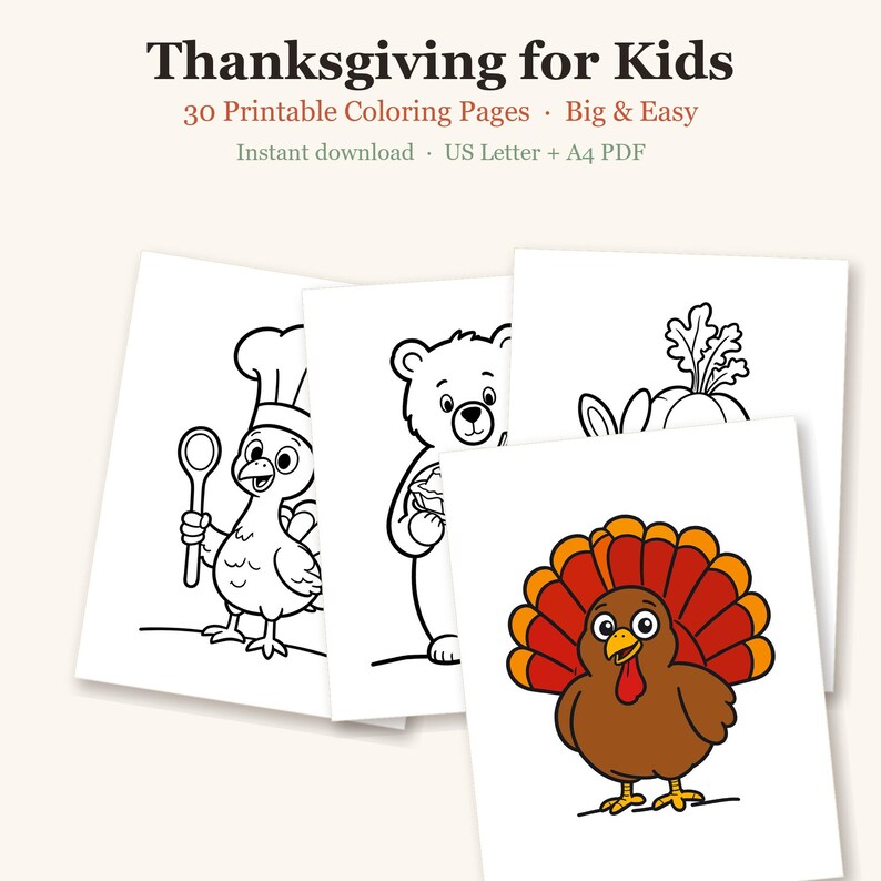 Dibujos para colorear de Acción de Gracias para niños, 30 páginas imprimibles, actividad para el aula con un lindo pavo (descarga en PDF) imagen 1