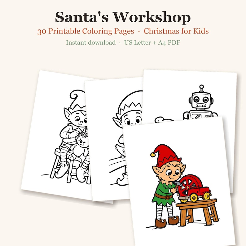 Christmas Coloring Pages for Kids, Santa Coloring Pages, Elf Coloring Pages, Christmas Activities for Kids, 30 Printable Pages (PDF) imagen 1