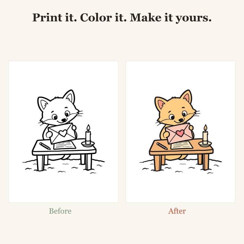 Op de afbeelding: Een kleurplaat met een kat aan een bureau met een brief en een kaars, met de tekst Print it. Color it. Make it yours. Links staat een zwart-witte lijntekening, rechts is dezelfde afbeelding ingekleurd in oranje en roze tinten.
