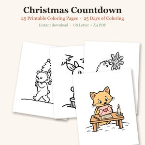 Op de afbeelding: Christmas Countdown 25 Printable Coloring Pages 25 Days of Coloring US Letter + A4 PDF. Een set kleurplaten met zwart-wit lijntekeningen van een beer met een boom, een konijn, een egel met een sneeuwvlok en een ingekleurde vos die een brief schrijft.