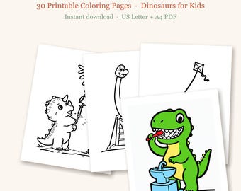 Dinosaur Coloring Pages for Kids, 30 Cute Printable Dino Pages, Easy Coloring Activity Ages 3-8, Classroom (PDF Download)