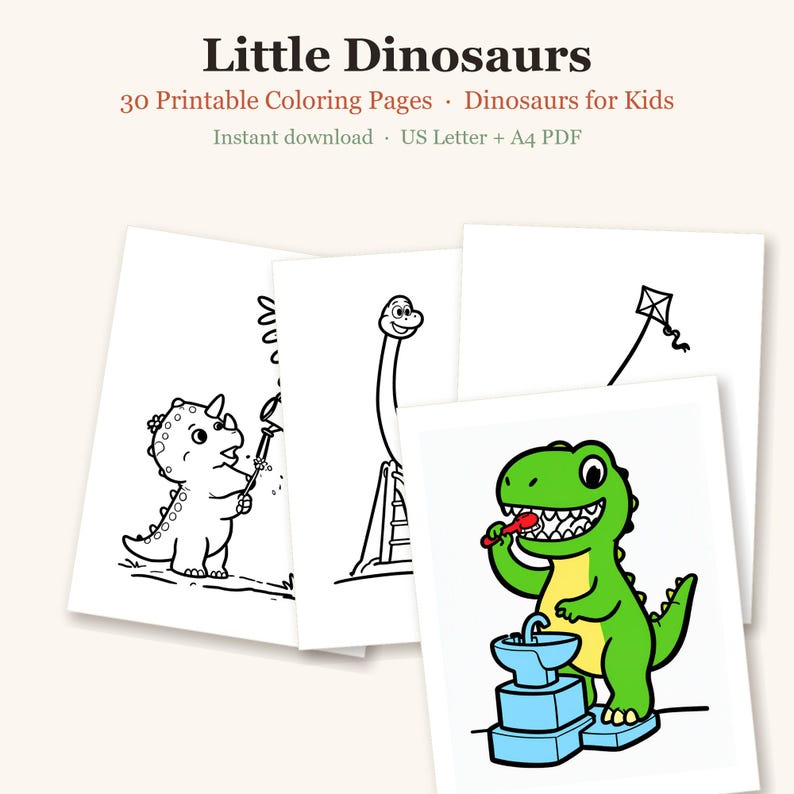 Dinosaur Coloring Pages Printable, Dinosaur Coloring Pages for Kids, Cute Dino Coloring for Preschool, 30 Printable Pages (PDF) image 1