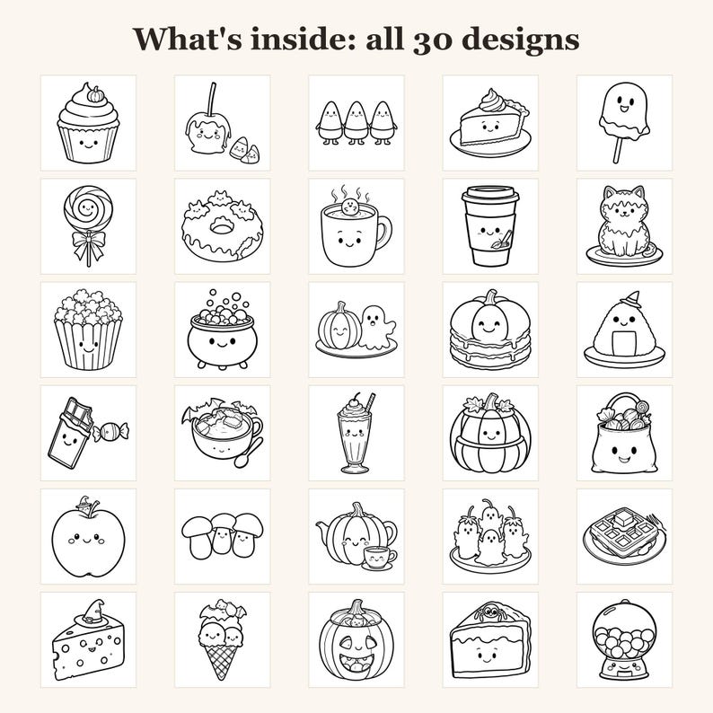 Desenhos para colorir de Halloween Kawaii, 30 guloseimas fofas com rostinhos, desenhos fáceis e vibrantes para crianças e adolescentes (Download em PDF) imagem 3