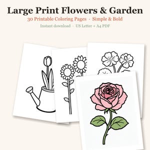Großgedruckte Blumenmalvorlagen für Senioren, 30 einfache, ausdrucksstarke Gartenmotive, leichte Malvorlagen für Erwachsene, zum Ausdrucken (PDF-Download) Bild 1