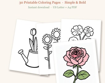 Large Print Flower Coloring Pages for Seniors, 30 Simple Bold Garden Pages, Easy Adult Coloring, Printable (PDF Download)