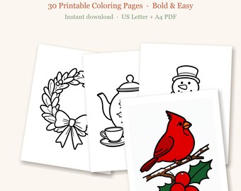 Large Print Coloring Book for Seniors, Christmas Coloring Pages for Adults, Dementia Activities, Simple Bold Pages, 30 Printable PDF