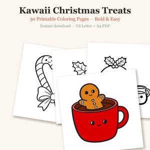 Kawaii Christmas Coloring Pages, 30 Cute Treats with Faces, Bold and Easy for Kids and Teens (PDF Download) image 1