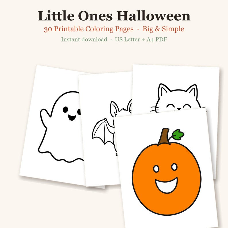 Dibujos para colorear de Halloween para niños pequeños, 30 imágenes grandes y sencillas para edades de 2 a 5 años, actividad preescolar (descarga en PDF) imagen 1