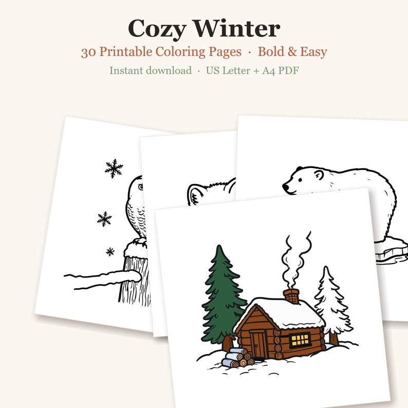 Winter Coloring Pages for Adults, Cozy Winter Coloring Pages, Bold and Easy Coloring Sheets, Hygge, 30 Printable Pages (PDF Download) imagen 1