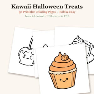 Desenhos para colorir de Halloween Kawaii, 30 guloseimas fofas com rostinhos, desenhos fáceis e vibrantes para crianças e adolescentes (Download em PDF) imagem 1
