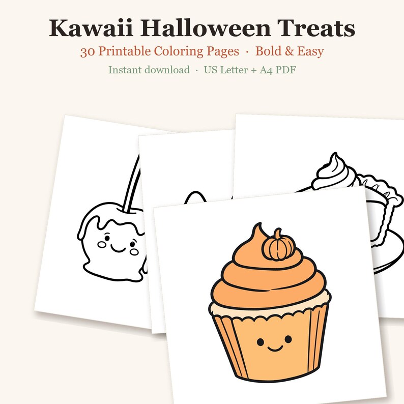 Desenhos para colorir de Halloween Kawaii, 30 guloseimas fofas com rostinhos, desenhos fáceis e vibrantes para crianças e adolescentes (Download em PDF) imagem 1