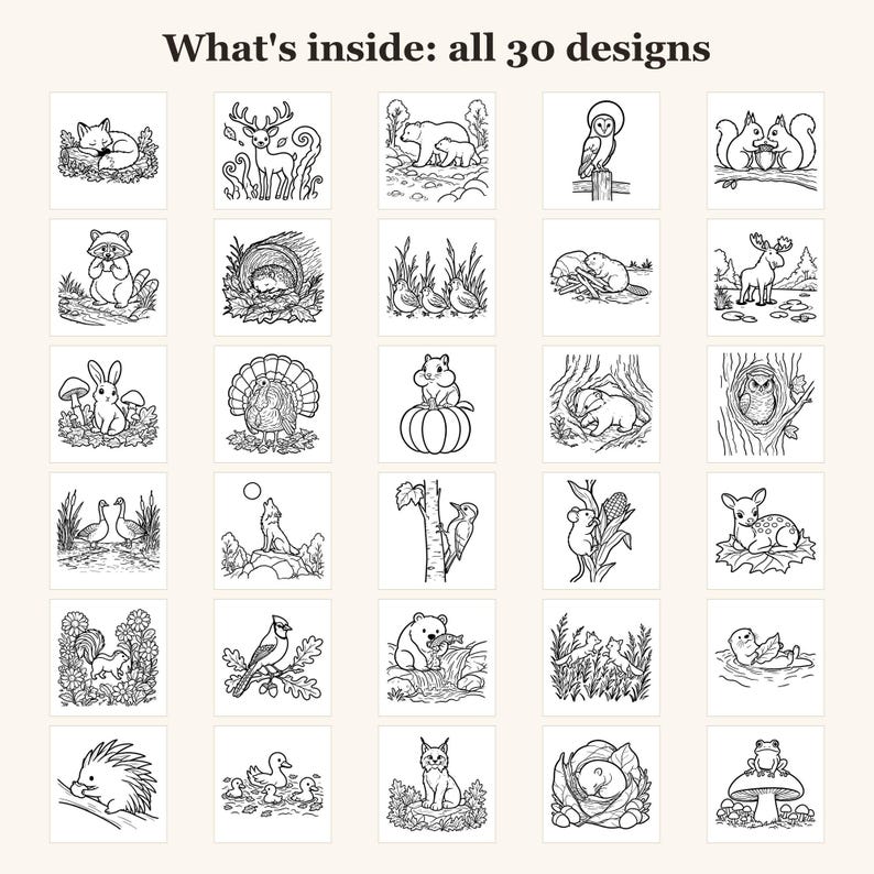 Dibujos para colorear de otoño para adultos, Dibujos para colorear de otoño, Dibujos para colorear de animales del bosque, Dibujos sencillos y llamativos, Dibujos para colorear acogedores, 30 PDF imprimibles imagen 3