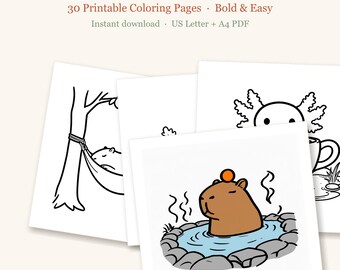 Capybara Coloring Pages, 30 Cute Printable Capybara, Axolotl and Frog Pages for Kids and Teens, Bold and Easy (PDF Download)