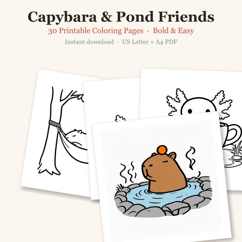 Dibujos para colorear de capibaras, 30 lindas páginas imprimibles de capibaras, ajolotes y ranas para niños y adolescentes, llamativas y fáciles (descarga en PDF) imagen 1