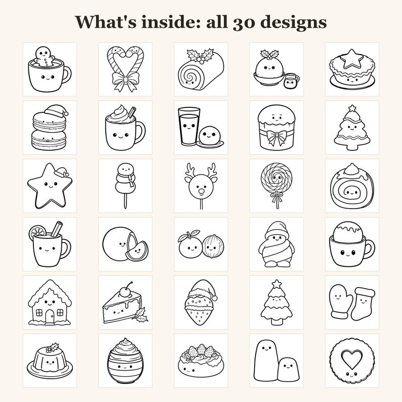 Kawaii Christmas Coloring Pages, 30 Cute Treats with Faces, Bold and Easy for Kids and Teens (PDF Download) image 3