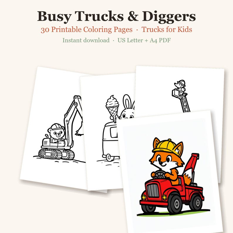 Disegni da colorare di camion per bambini, 30 pagine stampabili di escavatori, camion dei pompieri e trattori, attività di colorazione facile per bambini dai 3 agli 8 anni (download PDF) immagine 1