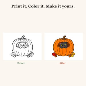Puede incluir: Una p&aacute;gina para colorear digital con un gato dentro de una calabaza y el texto Print it. Color it. Make it yours. A la izquierda se muestra un dibujo lineal en blanco y negro etiquetado Before, y a la derecha una versi&oacute;n coloreada After.