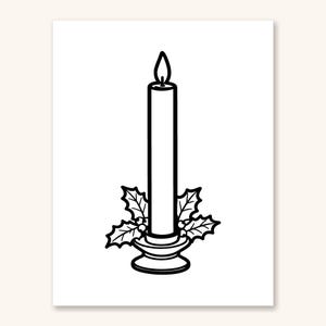 May include: A black and white line drawing of a tall, slender candle with a lit flame, resting in a circular candle holder. The base of the candle is surrounded by a decorative arrangement of holly leaves and small round berries.