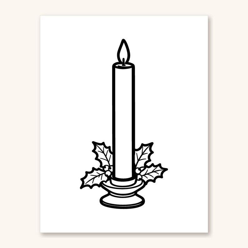 May include: A black and white line drawing of a tall, slender candle with a lit flame, resting in a circular candle holder. The base of the candle is surrounded by a decorative arrangement of holly leaves and small round berries.