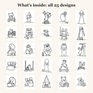 Op de afbeelding: Een verzameling van 25 zwart-wit kleurplaten met winter- en vakantiethema's, met dieren zoals vossen, beren, konijnen, egels, muizen en uilen. De tekst "What's inside: all 25 designs" staat bovenaan de afbeelding weergegeven.