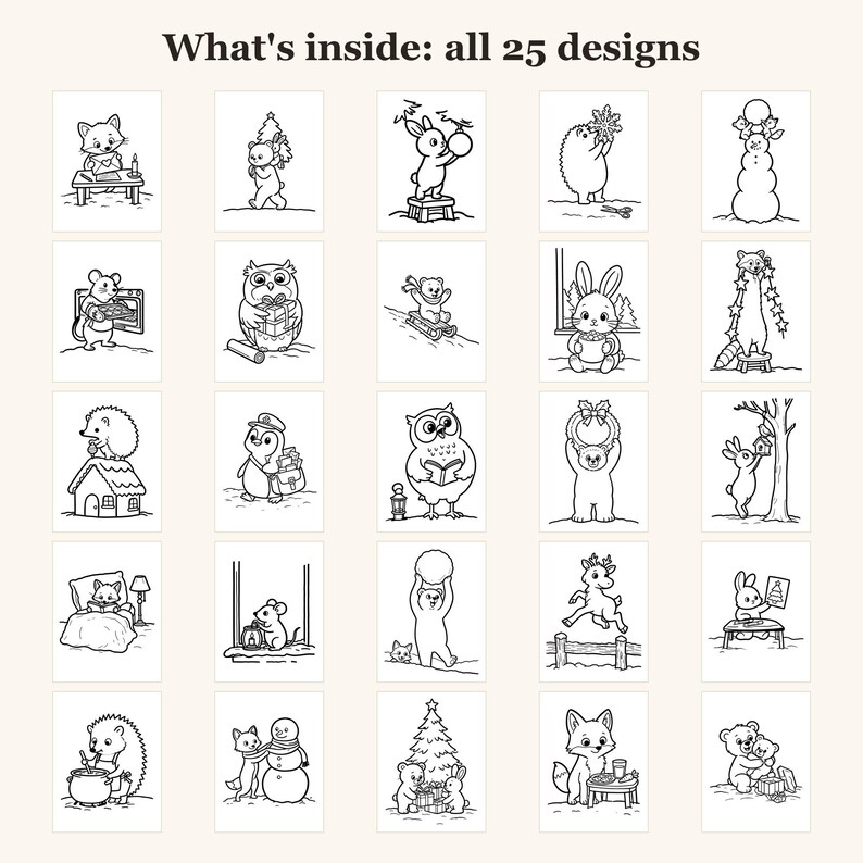 Op de afbeelding: Een verzameling van 25 zwart-wit kleurplaten met winter- en vakantiethema's, met dieren zoals vossen, beren, konijnen, egels, muizen en uilen. De tekst "What's inside: all 25 designs" staat bovenaan de afbeelding weergegeven.