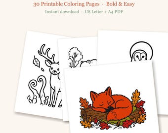 Fall Coloring Pages for Adults, Autumn Coloring Pages, Woodland Animals Coloring, Bold and Easy, Cozy Coloring, 30 Printable PDF