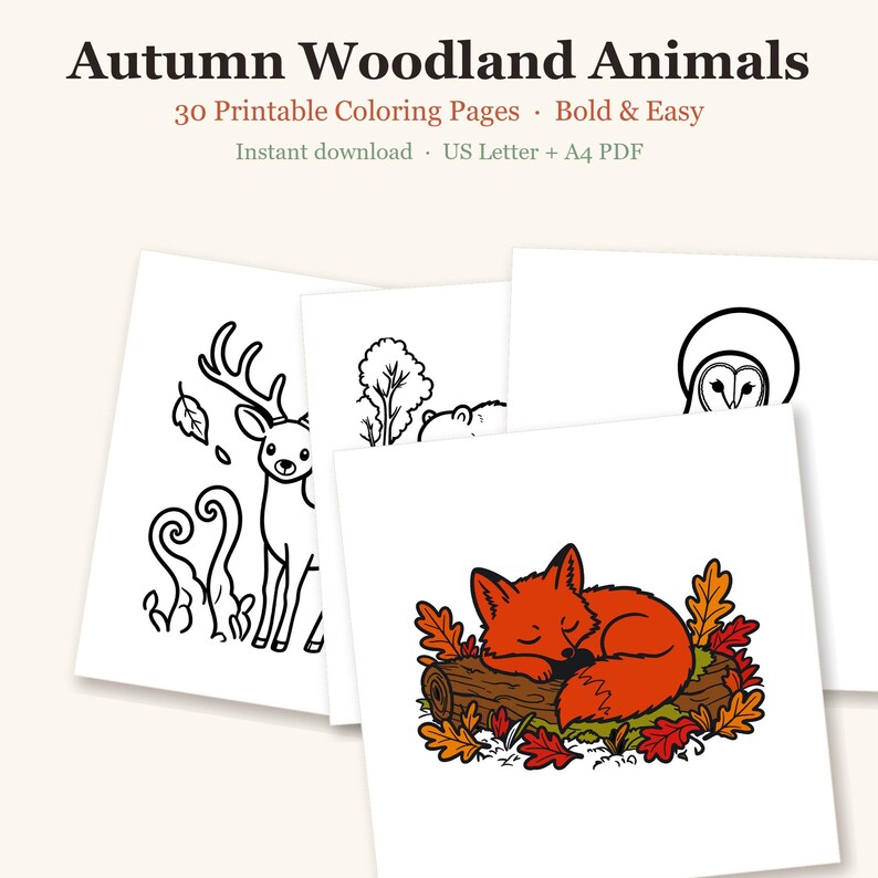 Dibujos para colorear de otoño para adultos, Dibujos para colorear de otoño, Dibujos para colorear de animales del bosque, Dibujos sencillos y llamativos, Dibujos para colorear acogedores, 30 PDF imprimibles imagen 1
