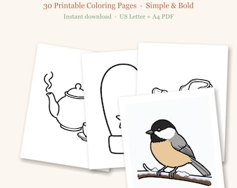 以下が含まれることがあります： Large Print Winterと題された30枚の印刷可能な塗り絵セット。ティーポット、ミトン、雪の枝にとまったシジュウカラのカラーイラストが、シンプルで太い黒の線画で描かれています。
