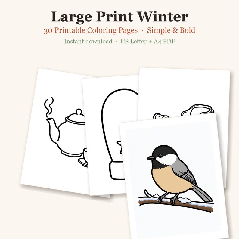 Large Print Coloring Book for Seniors, Winter Coloring Pages for Adults, Dementia Activities, Simple Bold Pages, 30 Printable PDF image 1