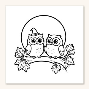Puede incluir: Una ilustraci&oacute;n de arte lineal en blanco y negro que muestra dos b&uacute;hos posados en una rama de &aacute;rbol con hojas. Un b&uacute;ho lleva un peque&ntilde;o sombrero puntiagudo. Detr&aacute;s de los b&uacute;hos hay una gran luna circular. Es un dise&ntilde;o para colorear.